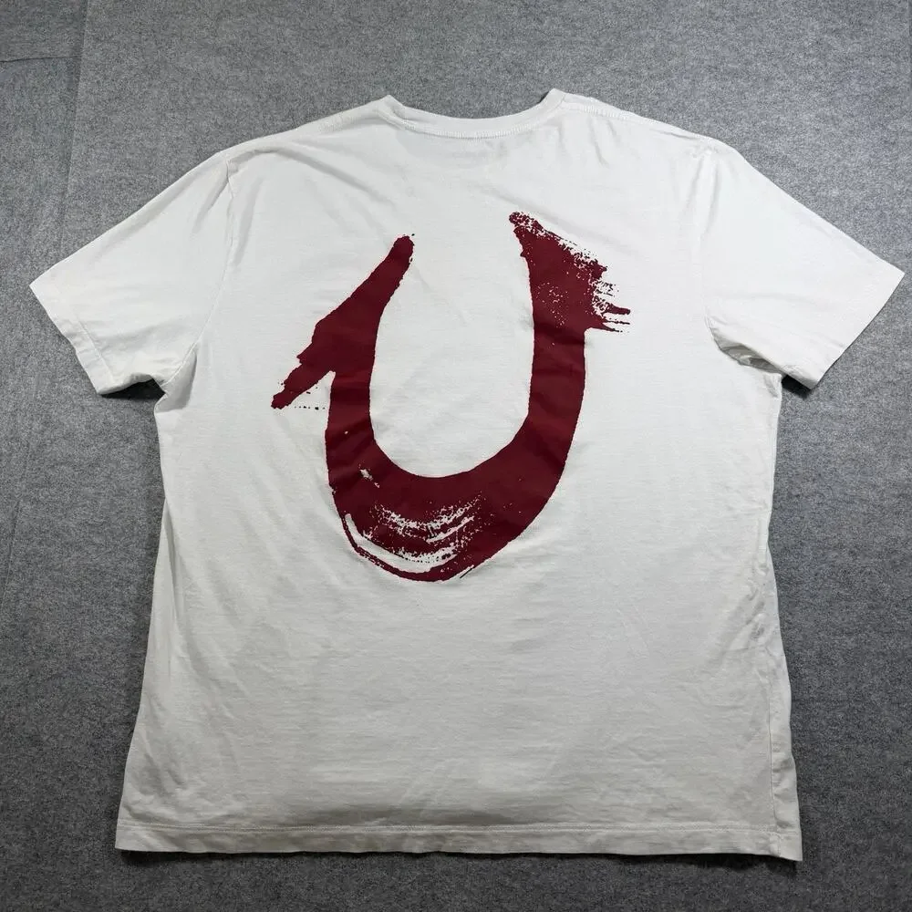 True Religion T Shirt Mens 3XL White Red Horseshoe Paint Logo Relaxed Fit Street